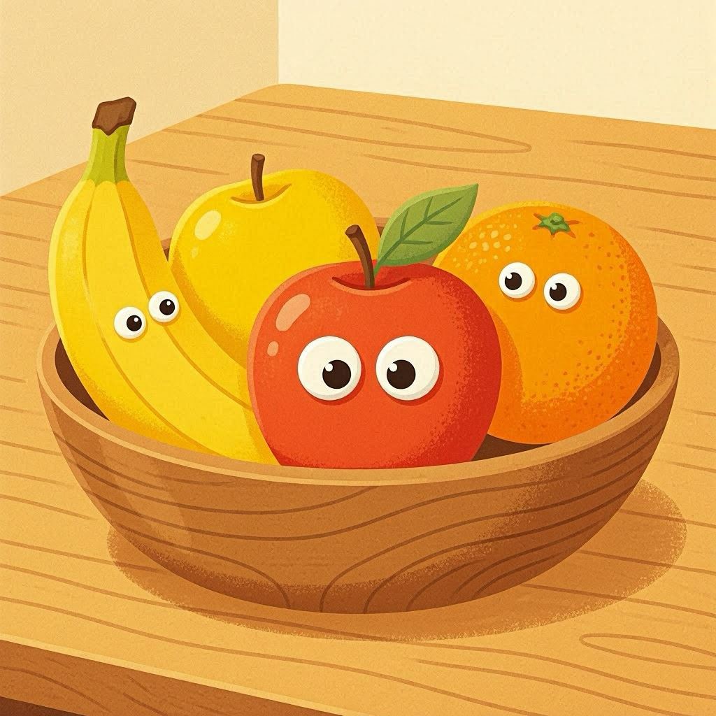 A cheerful clip art of assorted fruits—banana, apple, orange—all with comical googly eyes, arranged in a wooden bowl, warm earthy tones, flat vector style with subtle texture overlay.