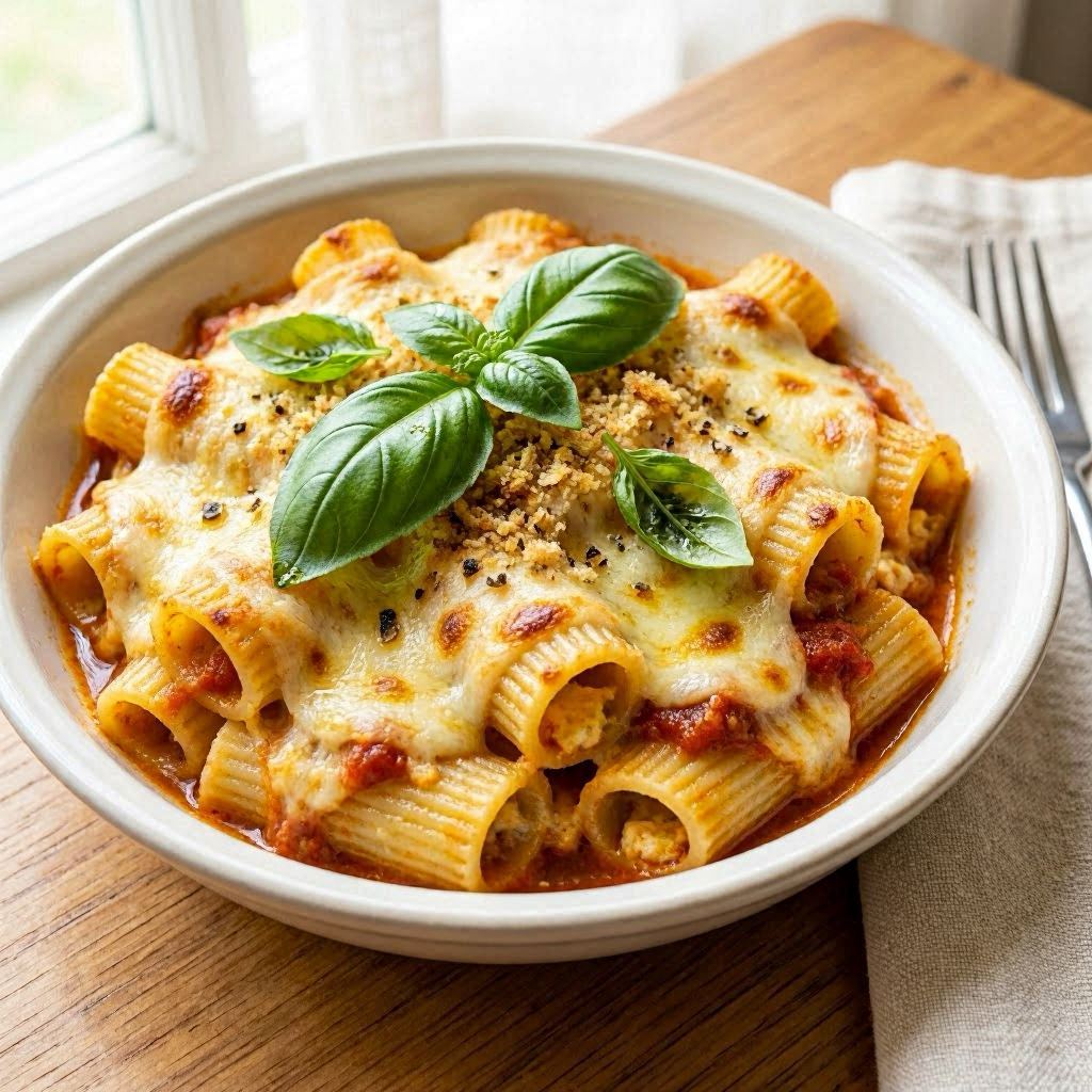 A close-up of creamy baked ziti topped with vibrant green basil leaves, served in a deep white bowl, natural morning light streaming through sheer curtains, earthy tones enhanced with complementary color grading, captured with a macro 100mm lens for mouthwatering detail.