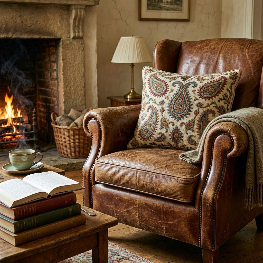 A cozy living room scene featuring a paisley-embroidered pillow resting on a vintage leather armchair, surrounded by stacks of books and a steaming cup of tea, lit by the glow of a nearby fireplace, captured in high-resolution lifestyle photography.