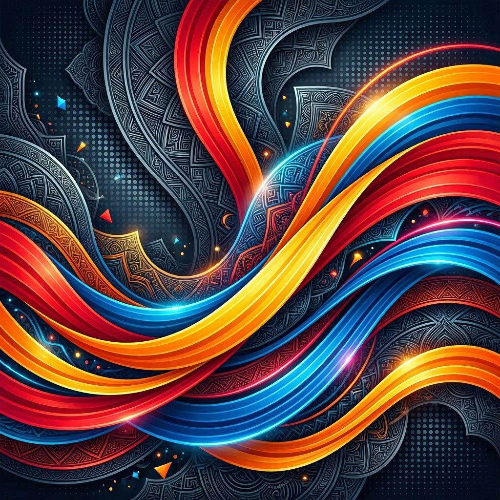 An energetic digital artwork featuring swirling ribbons of saturated red, cobalt blue, sunflower yellow, and tangerine orange, layered over intricate fractal-like textures, glowing under simulated neon rim lighting, created in high-definition vector style.