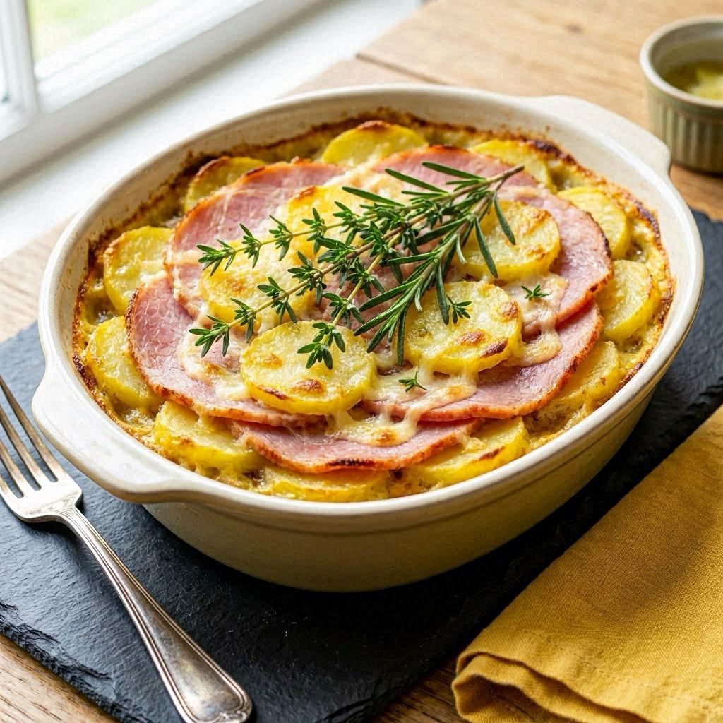 A baked ham and potato casserole garnished with fresh thyme and rosemary sprigs, served in a cream-colored stoneware dish atop a slate board, photographed in vibrant complementary yellows and greens under diffused daylight, using a tilt-shift lens for selective focus.