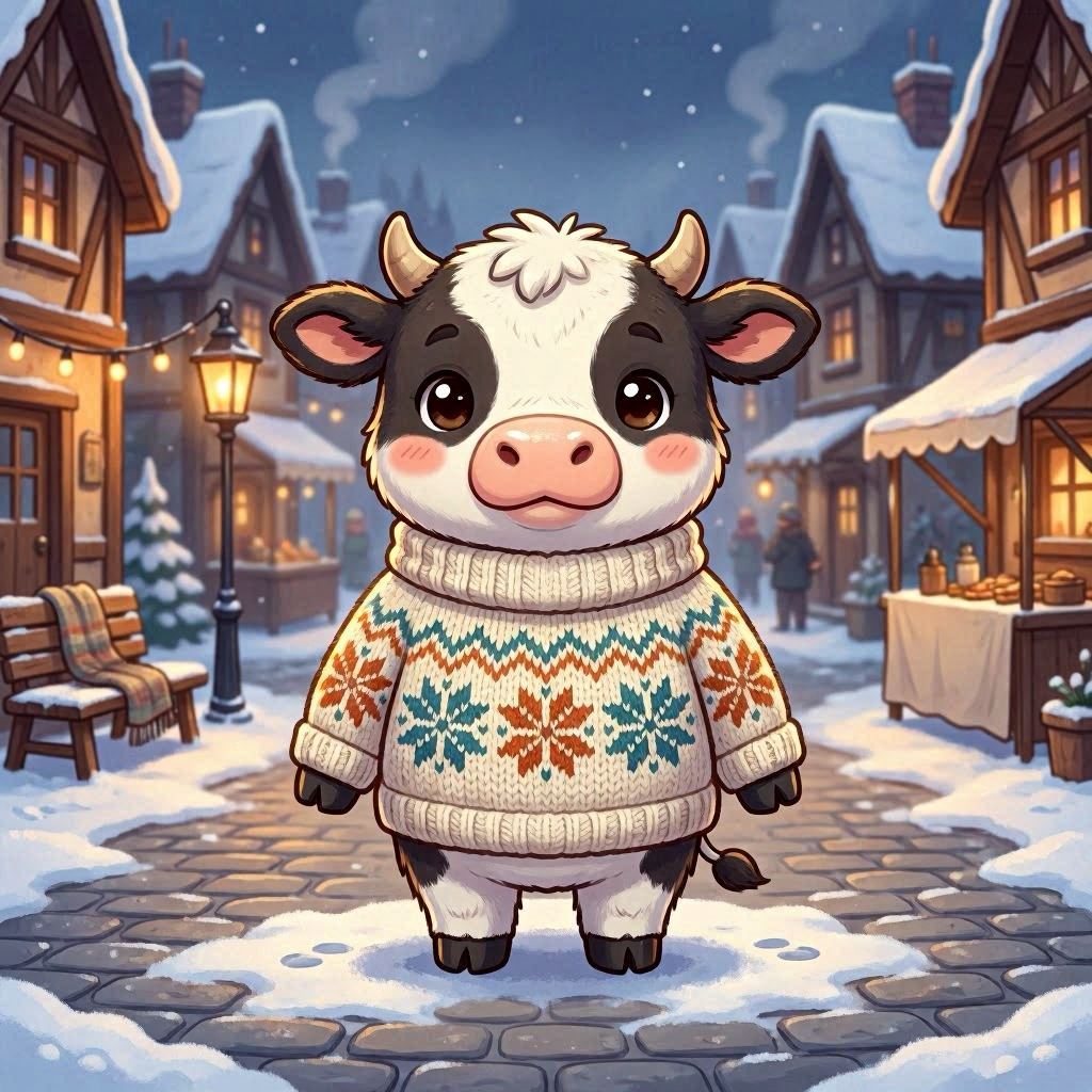 A chibi cow bundled in a chunky knitted sweater with snowflake patterns, standing in a snowy village street, cozy warm glow from lanterns, stylized cartoon art with complementary teal and orange hues, shallow depth of field for focus.