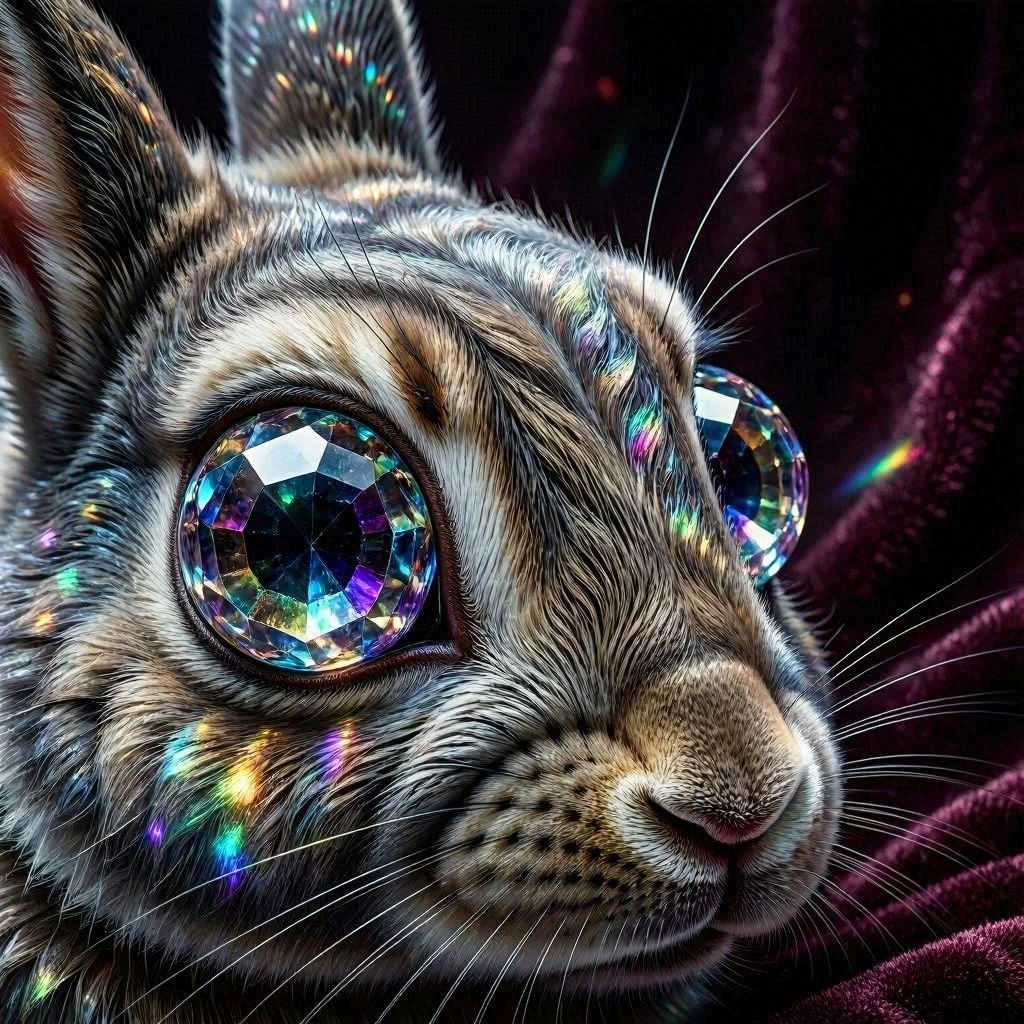 A surreal close-up of a rabbit’s eyes rendered as faceted crystal orbs refracting rainbow light, set against a dark velvet backdrop, hyper-detailed 3D render with iridescent color play, dramatic spotlighting, captured in ultra-high resolution with deep contrast.