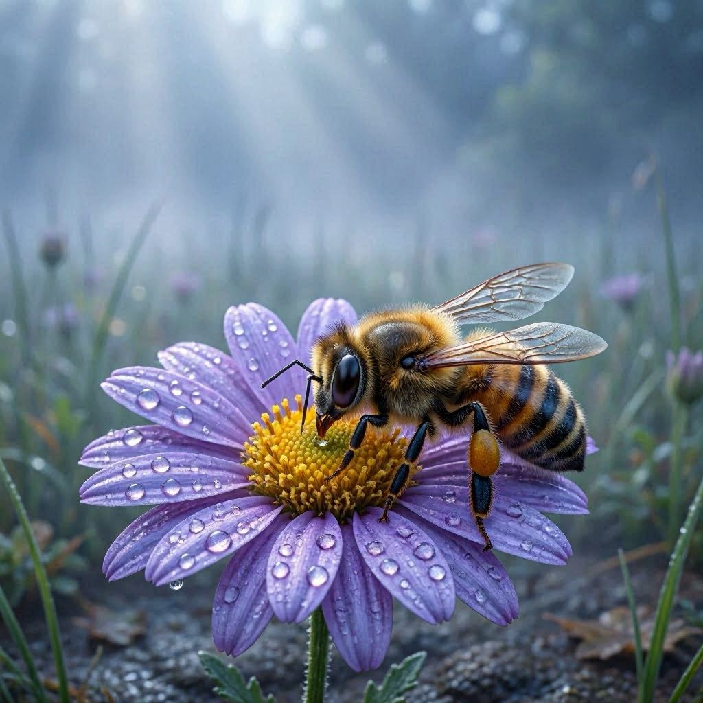 A hyper-realistic render of a honeybee sipping nectar from a dew-covered purple daisy, morning mist drifting in the background, cool-toned lighting with subtle sunbeams, rendered in Unreal Engine 5 with photoreal textures and deep focus.