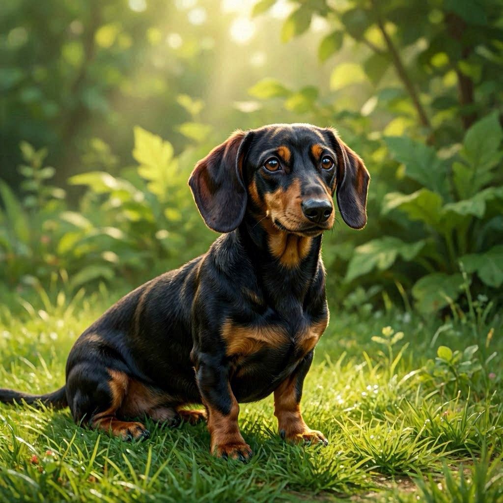An AI-styled black and tan dachshund sitting calmly on a grassy patch, oversized floppy ears catching dappled sunlight filtering through leaves, background softened into painterly greens, rendered in hyper-realistic style with Unreal Engine lighting effects.