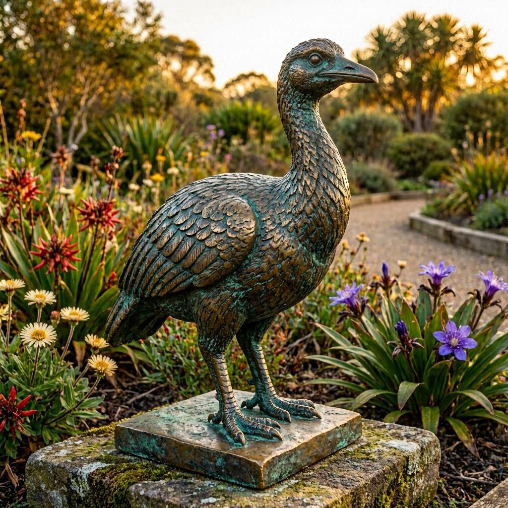 An intricately detailed bronze sculpture of a moa bird in a botanical garden, surrounded by blooming native flowers, warm sunset glow reflecting off the metal surface, captured in high-resolution macro photography to emphasize texture and patina.