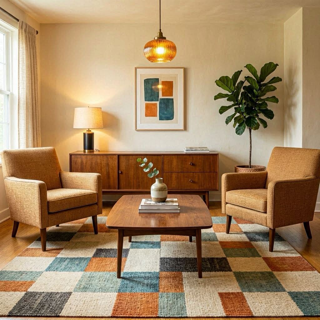 A small mid-century modern living room with tapered-leg armchairs, walnut coffee table, and geometric rug, arranged symmetrically for balance, warm amber lighting from a vintage pendant lamp, complementary teal and orange accents, shot on 50mm lens with shallow depth of field.