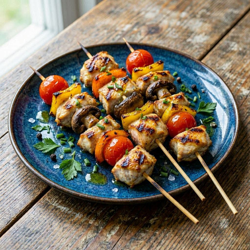 Grilled chicken skewers with colorful vegetables including cherry tomatoes, mushrooms, and bell peppers, sprinkled with fresh herbs, served on a deep blue ceramic plate atop a weathered wooden table, natural daylight streaming from the side, captured in high-resolution food photography style with crisp focus.