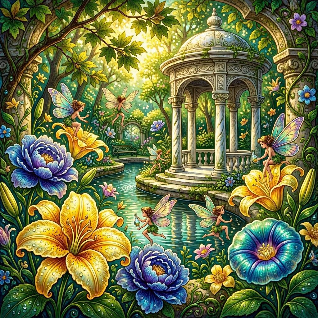 A lush garden bursting with oversized magical blooms, fluttering fairies with iridescent wings, and a gentle stream winding past a marble gazebo, illustrated in ornate Art Nouveau style, dappled sunlight filtering through leaves, macro lens capturing intricate floral details.