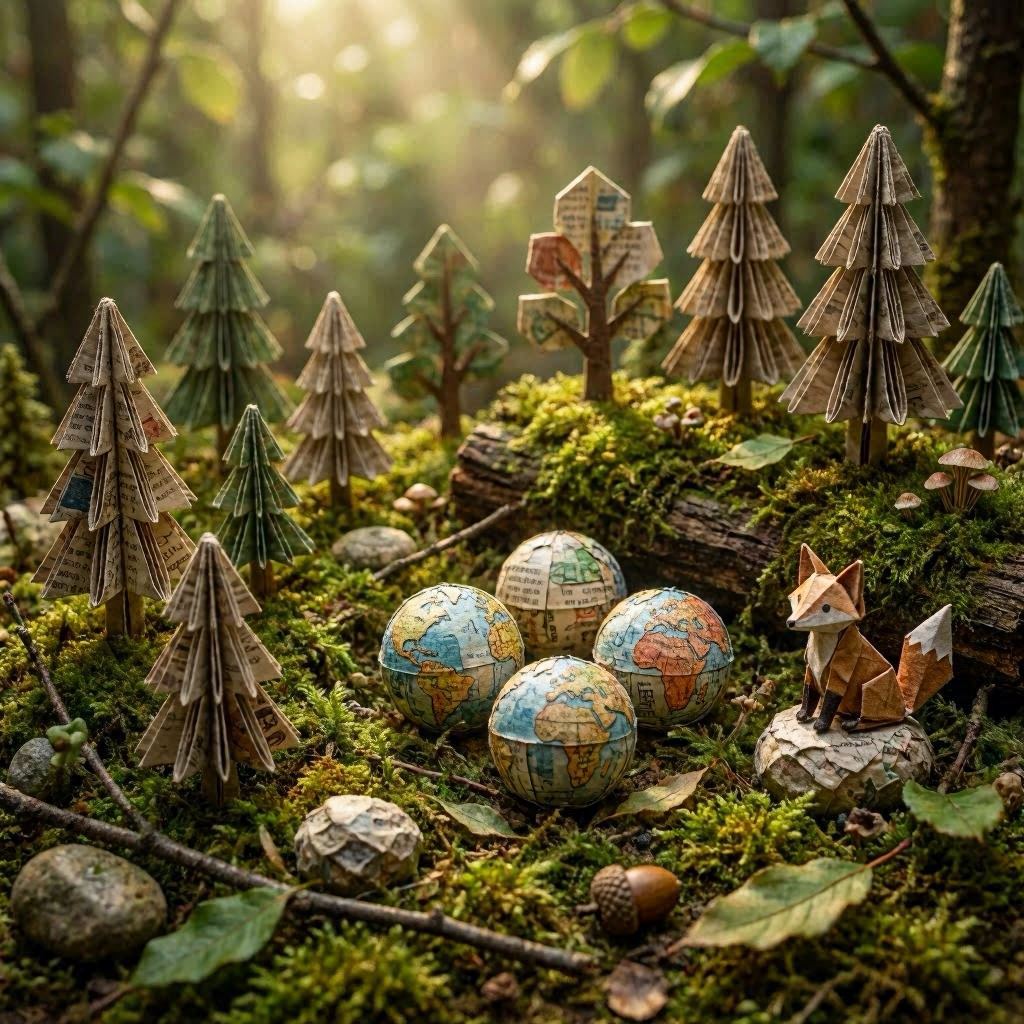 An imaginative scene of origami trees, animals, and miniature Earths crafted from recycled paper, displayed in a lush mossy forest diorama, cinematic lighting with soft beams filtering through leaves, rich greens and browns, tilt-shift photography for miniature effect.