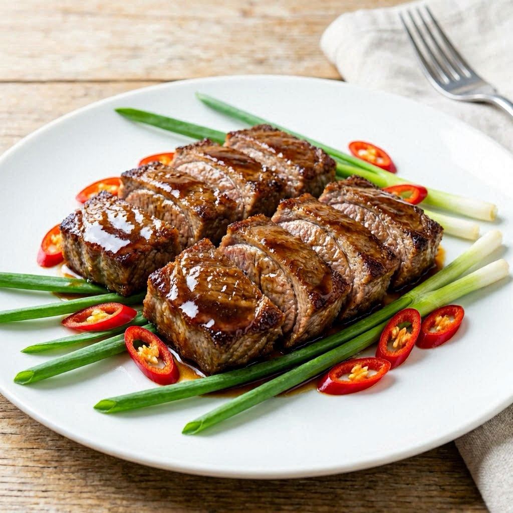 Prime-grade short ribs marinated in glossy dark sauce, artfully arranged on crisp green onions and vibrant red chili peppers atop a pristine white porcelain plate, captured in high-end food photography style with soft diffused daylight, complementary warm and cool tones, 85mm lens shallow depth of field for creamy bokeh.