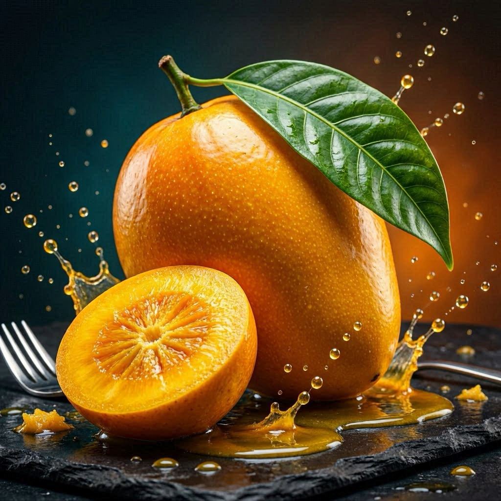 A hyper-detailed digital painting of a juicy mango with a lush green leaf, surrounded by splashes of tropical juice, rendered in ultra-realistic 3D style using Octane Render, dramatic rim lighting, complementary teal and orange palette for visual pop.