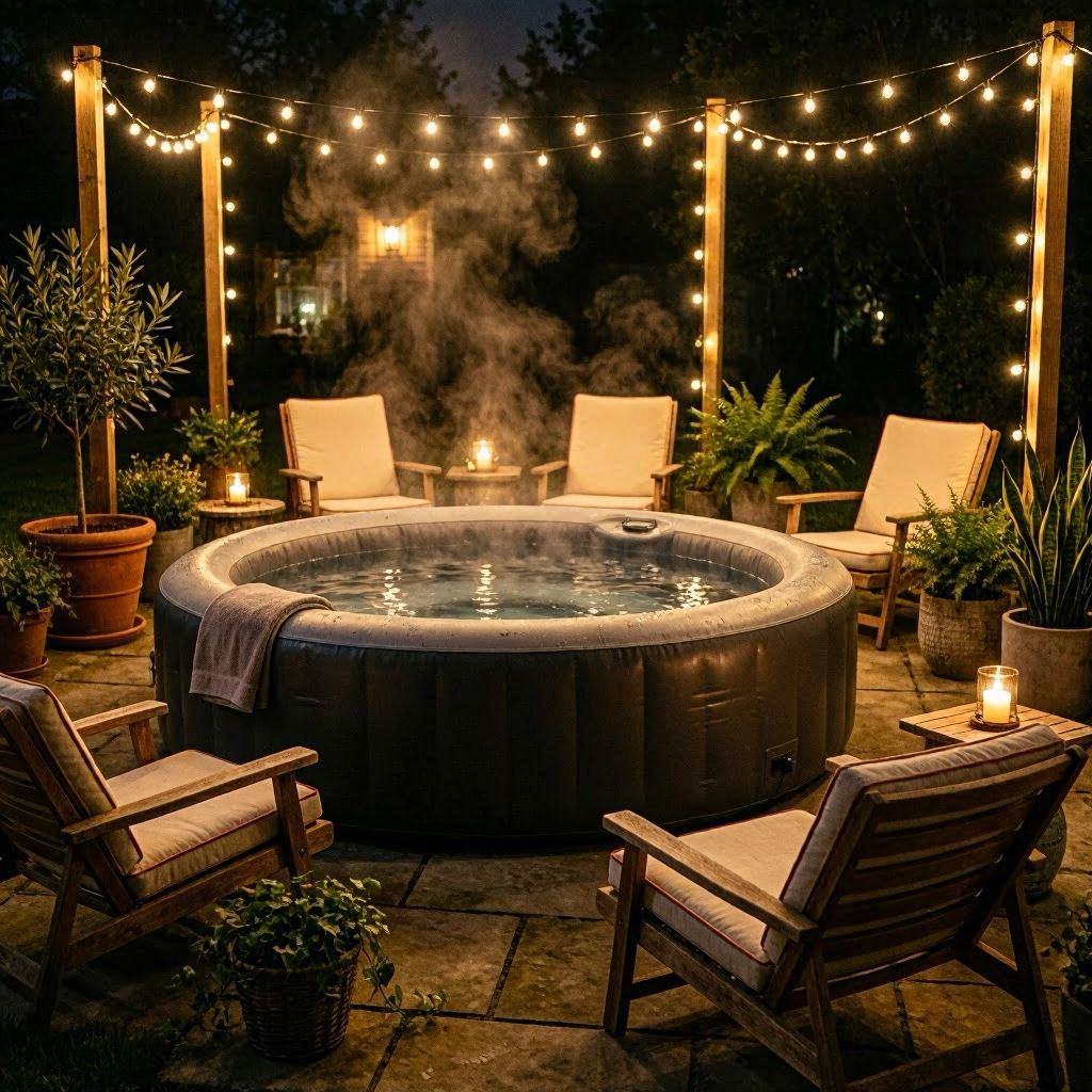 A round inflatable hot tub under twinkling string lights, steam rising into the cool night air, surrounded by potted plants and cushioned lounge chairs, illuminated by warm ambient lighting, cinematic shallow depth of field with creamy bokeh, rich earthy tones accented by soft candlelight reflections.