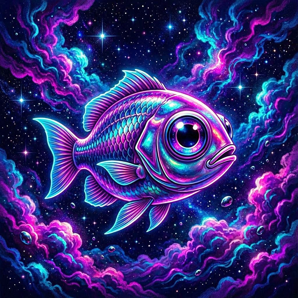 A surreal depiction of a big-eyed fish floating weightlessly in outer space, surrounded by glowing nebula clouds and distant stars, rendered in neon synthwave style with magenta and cyan hues, sharp contrast lighting, and a fisheye lens perspective.