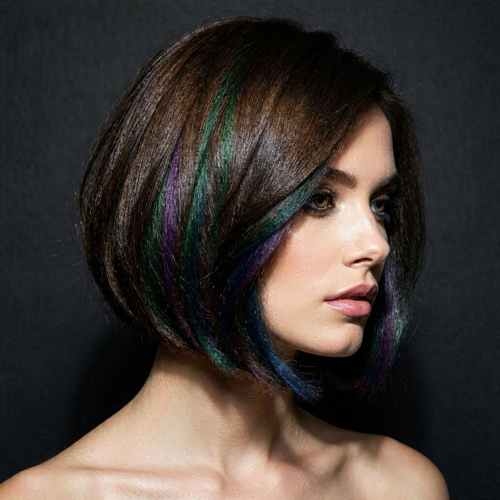 An angled bob haircut for thick hair, shot in a high-fashion editorial style against a matte charcoal backdrop, dramatic spotlight creating bold shadows, deep jewel-tone color accents, 100mm macro lens for razor-sharp edge definition.