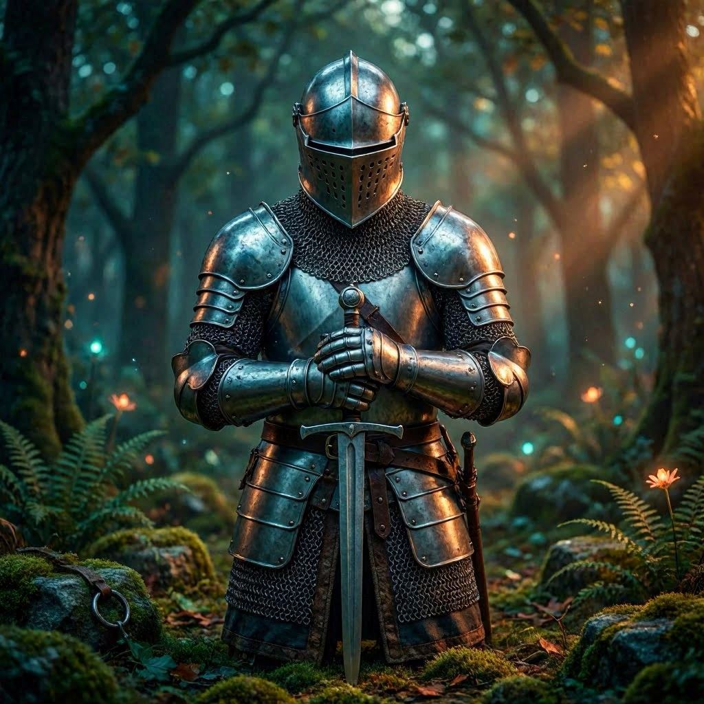 A fantasy-inspired knight in polished plate armor and chainmail, visor down, hands clasped over a gleaming longsword, set against a softly blurred enchanted glade, painted in high-detail digital art with soft ambient glow and complementary teal-orange palette.