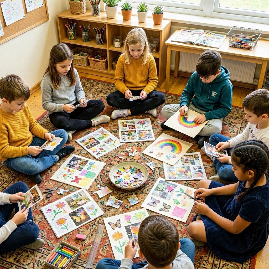 Kids cutting out magazine pictures of flowers, butterflies, and rainbows to make spring collages, sitting cross-legged on a patterned rug in a cozy classroom, high-key lighting, overhead shot for a scrapbook aesthetic.