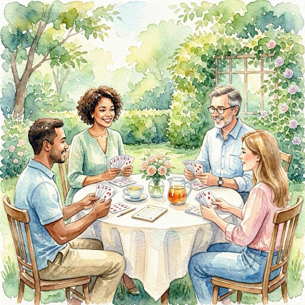 A hand-painted watercolor clipart of friends playing bridge at a sunny garden table, lush greenery in the background, soft pastel colors blending naturally, light brush textures, scanned at high resolution for print-ready quality.