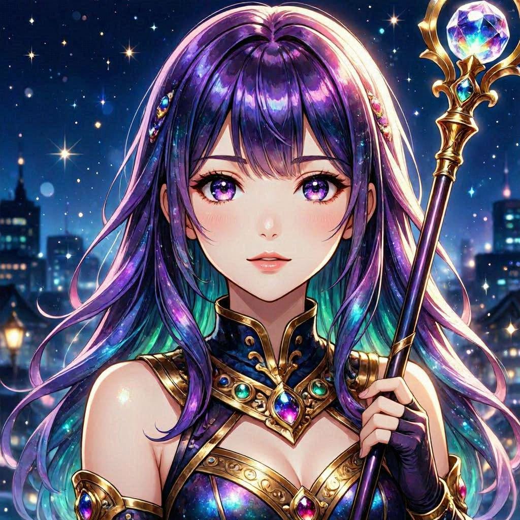 A magical girl anime character with shimmering hair and ornate staff, floating sparkles around her, radiant backlight creating a halo effect, vivid jewel-toned colors, high-detail digital painting, tight head-and-shoulders crop perfect for profile use.