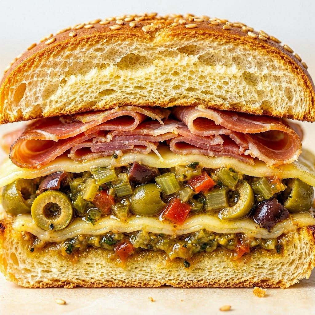 An extreme close-up of a gourmet muffuletta sandwich showing intricate textures of sesame bun, cured meats, melted cheese, and marinated olives, studio-lit with high-key lighting, macro photography using a 100mm lens, crisp detail with subtle shadows for depth.