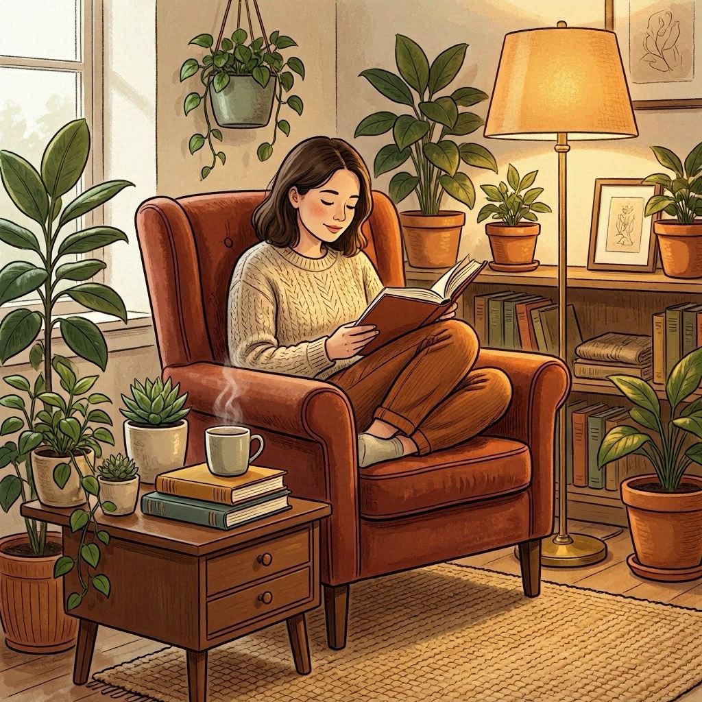 A cozy clipart scene of a person curled up in an armchair reading a book, surrounded by potted plants and a floor lamp, soft muted earth tones, hand-drawn vector style with smooth shading and clean contours.