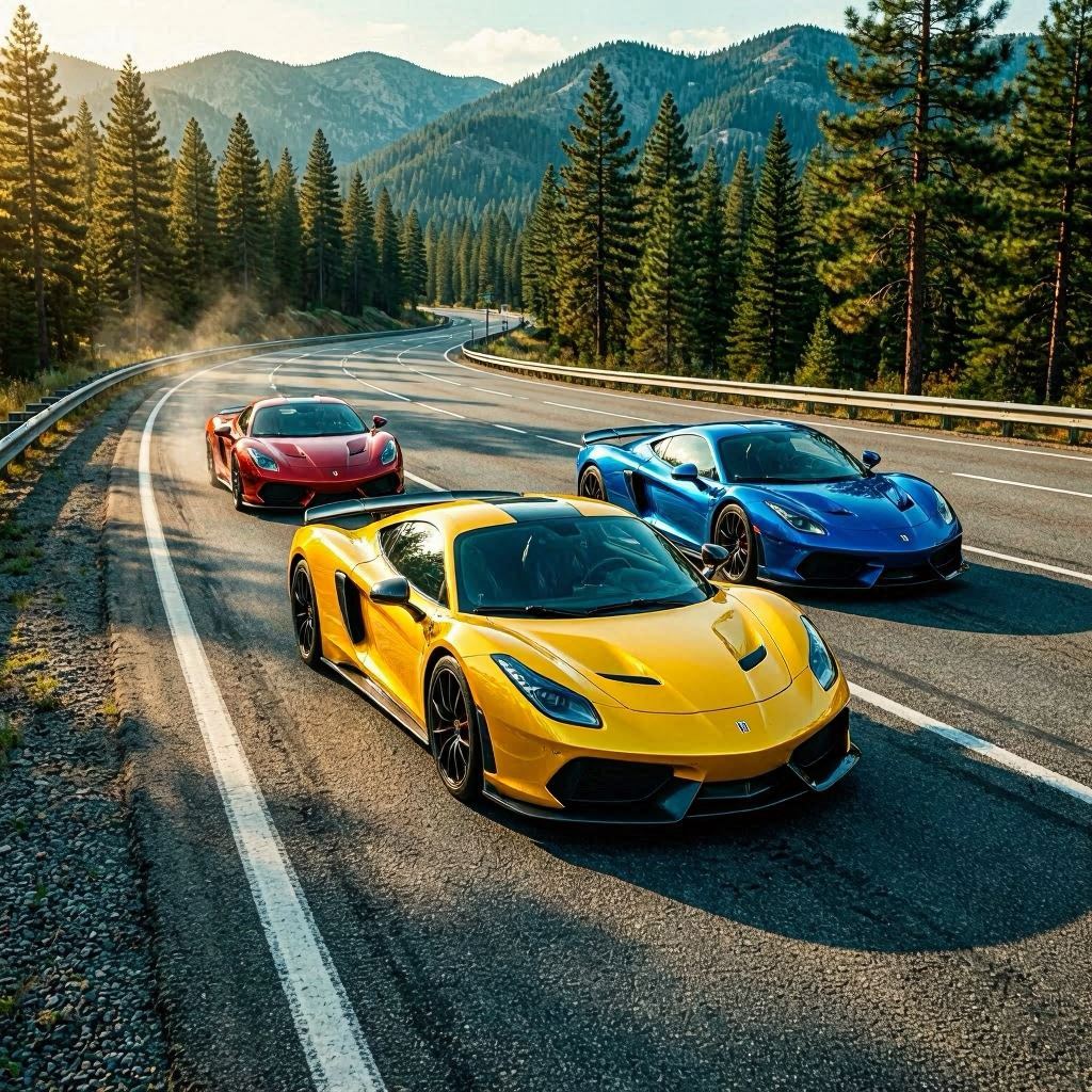 A yellow supercar racing ahead of blue and red competitors on a sunlit highway flanked by pine-covered mountains, crisp shadows and reflective paintwork, complementary teal and orange color grading, drone-shot perspective, ultra-realistic V-Ray render.