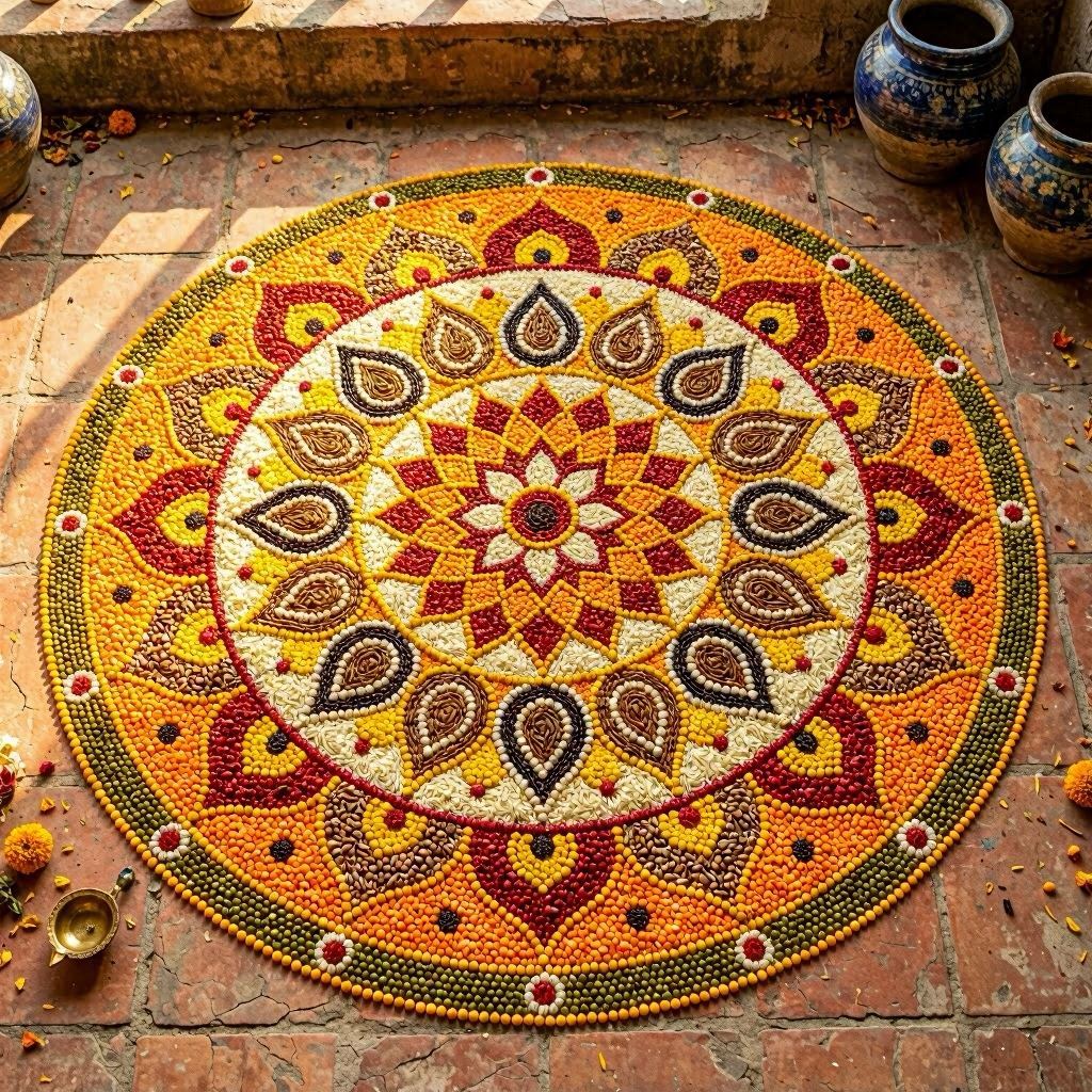 An elaborate mandala-style rangoli for World Food Safety Day 2024 made entirely from colorful lentils, rice, and pulses, set against a rustic courtyard background, lit with golden hour sunlight casting gentle shadows, photographed top-down with crisp focus to highlight texture and detail.